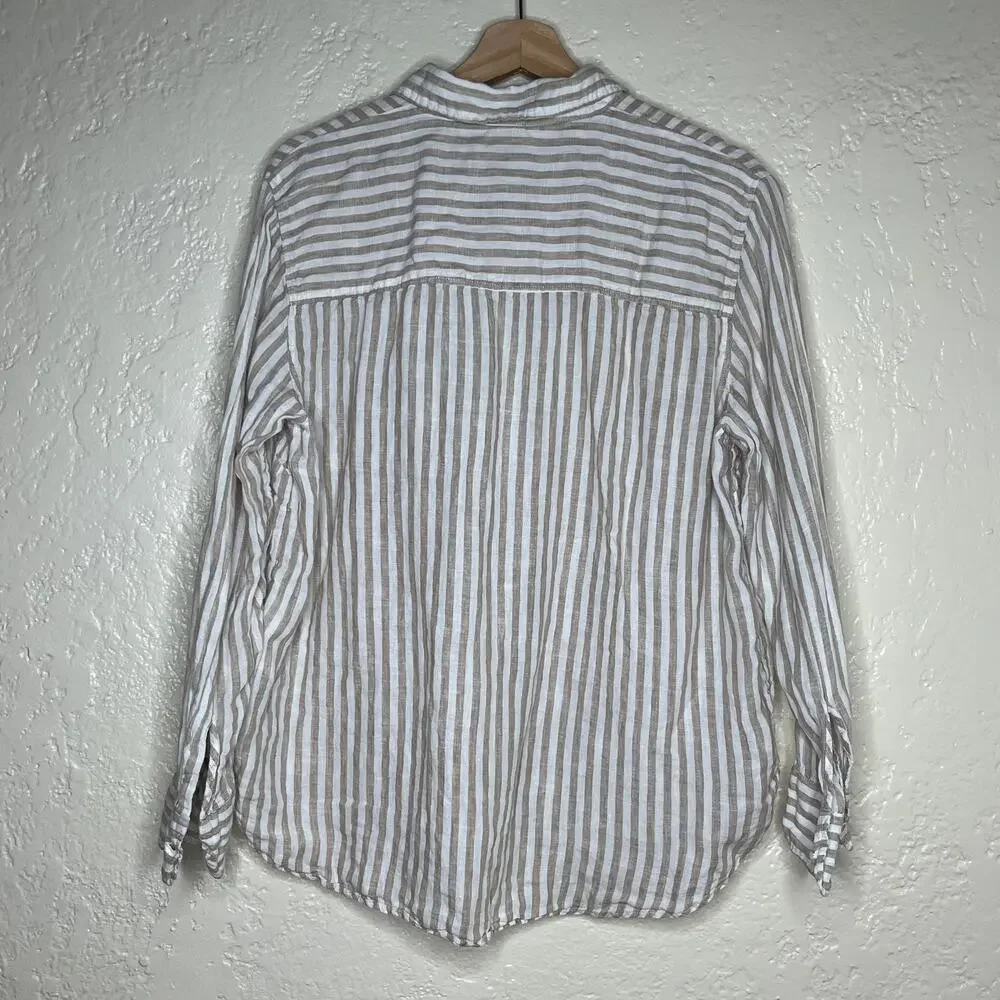 H&M Linen Striped Button Down Shirt Relaxed Resort Vacation Tan Women Large - Picture 2 of 7